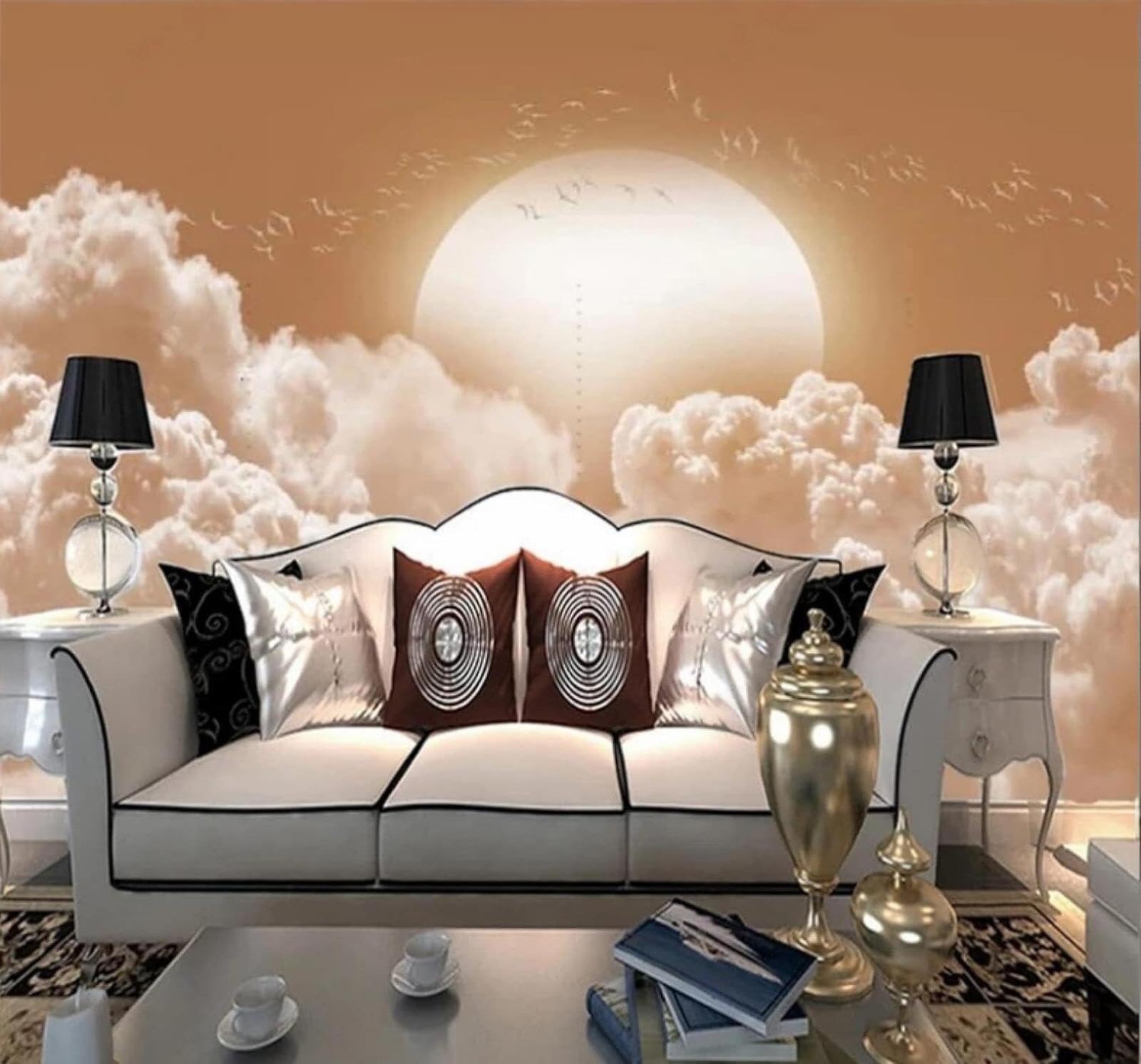 Wallpaper-3D-Xlm 350Cm×256Cm(B×H) Ethereal White Clouds Sunrise Birds In Flight Landscape 3D Wallpaper Easy Install Feature Office Living Room Sofa Bedroom Tv Background Wall Decoration-350Cm×256Cm