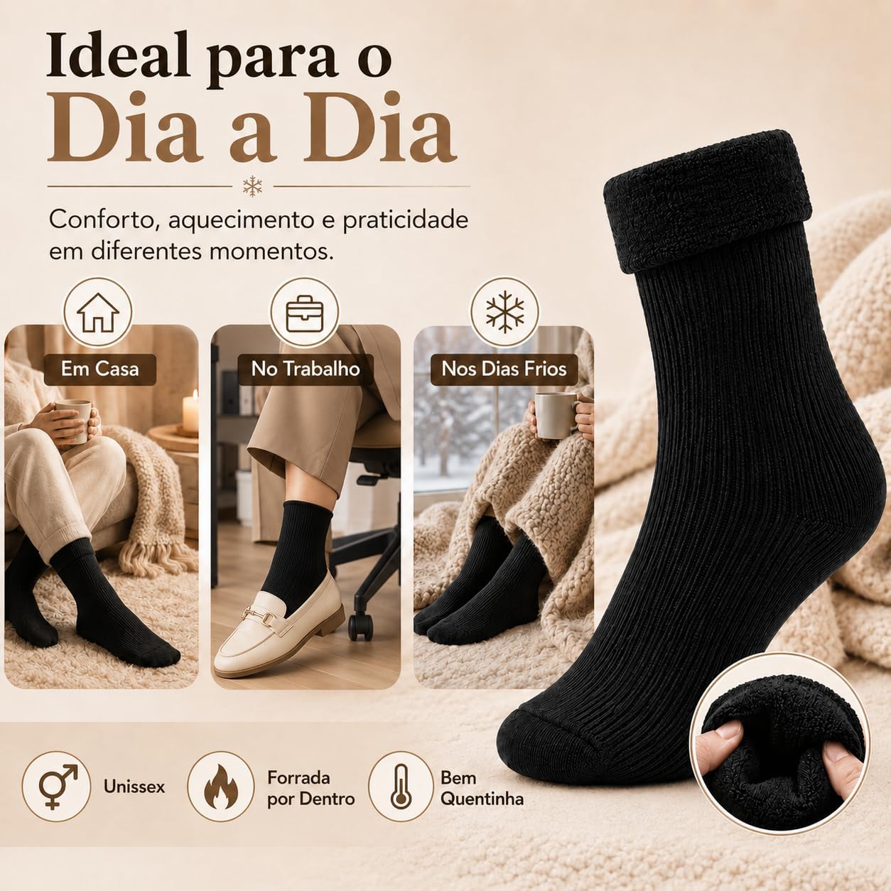Kit 3 Meias Térmicas Flaneladas Premium Unissex Inverno | Forrada por Dentro, Toque Macio e Aconchegante