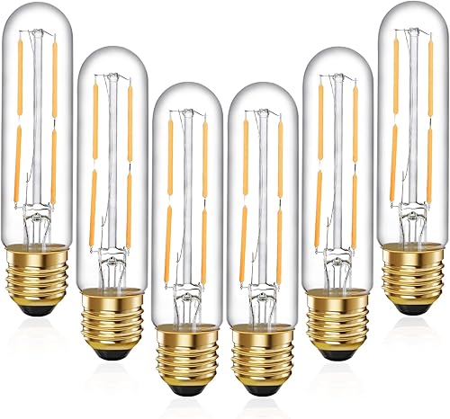 TIANSHQ 6 bombillas LED E26 T10 tubulares, bombilla Edison blanca cálida de 2700 K, 4 W, regulable, T10, para luces colgantes, lámparas, bombillas