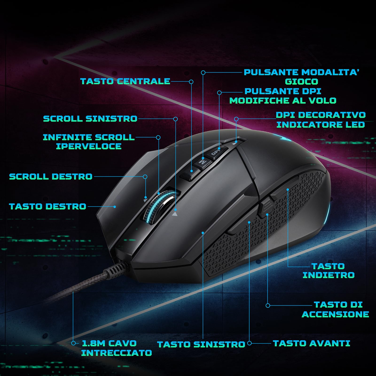 Predator Cestus 335, Mouse Gaming, fino a 19.000 DPI, 5 livelli DPI, 10 Pulsanti Programmabili con Buster Fire, IPS 400, Sensore Pixart 3370, Scrolling Infinito, Mouse USB, Nero