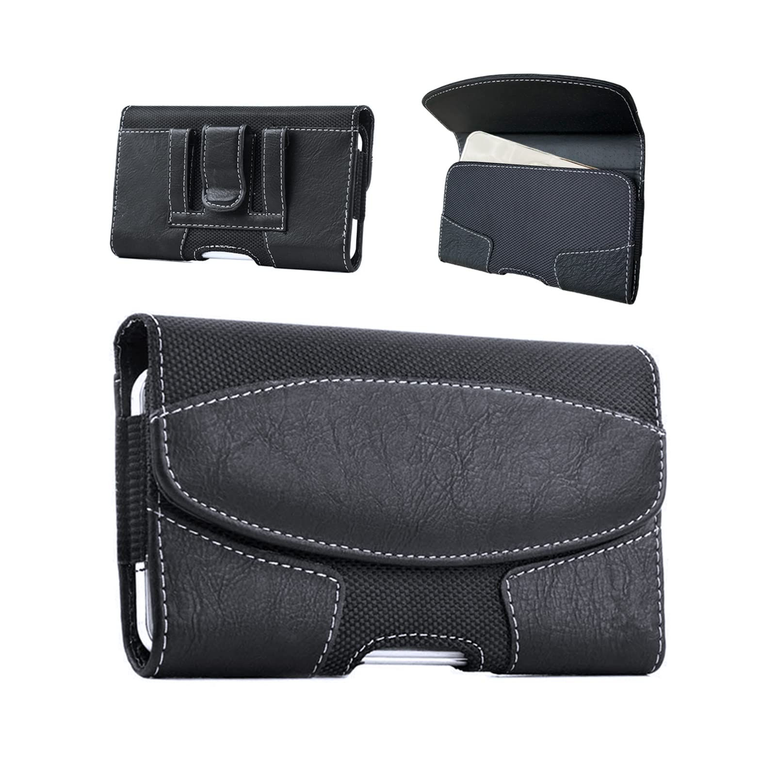 Leather Phone Holster for Men Belt for iPhone 16 15 14 Pro Max, 16 15 14 Plus, Galaxy S23 Ultra, Moto Edge 40, Maezar XXL Large Belt Clip Loop Holder Carrying Pouch Case Magnetic Closure (Black)