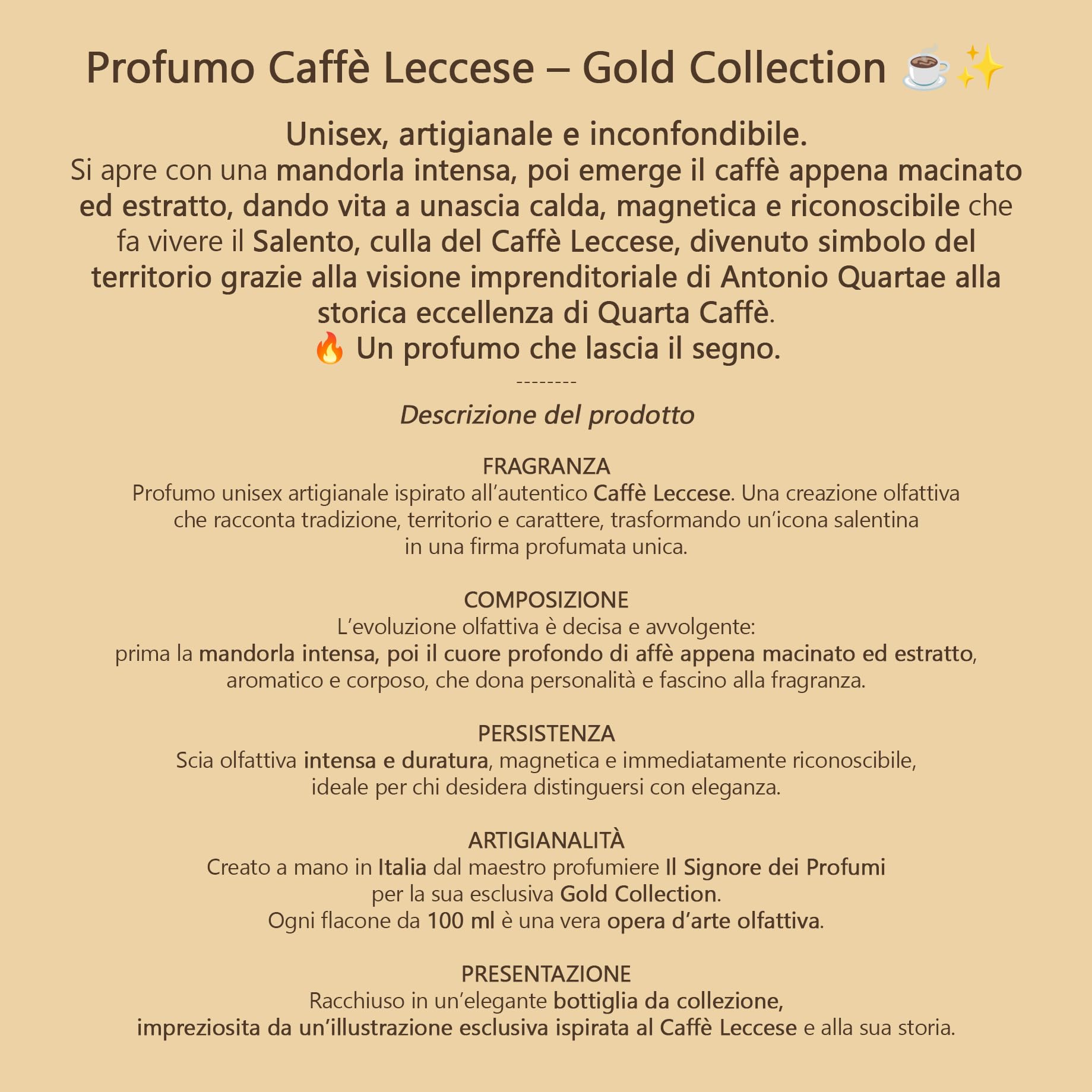 Profumo Caffè Leccese, Fragranza Unisex, Eau de Parfum, 100ML, Aroma Mandorla e Caffe, Made in Italy, Gold Collection, Il Signore dei Profumi, Caffè del Salento e Puglia