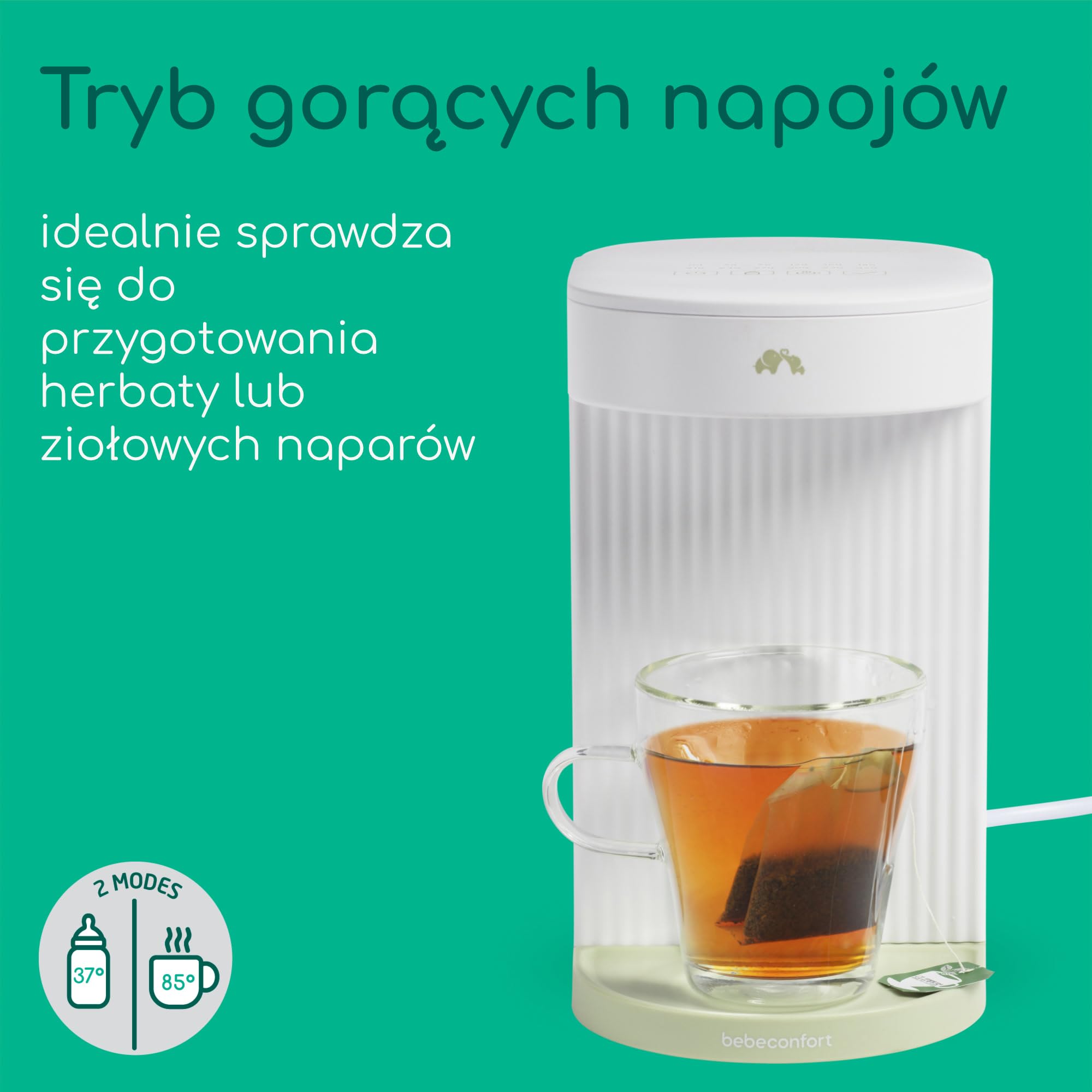 Bebeconfort Instantowy Podgrzewacz do Butelek, Precyzyjna Temperatura w Kilka Sekund, Cichy i Szybki Podgrzewacz do Butelek, Gorąca Woda (80°C), Zbiornik 1,1 L, Pamięć, Samoczyszczący, Kompaktowy