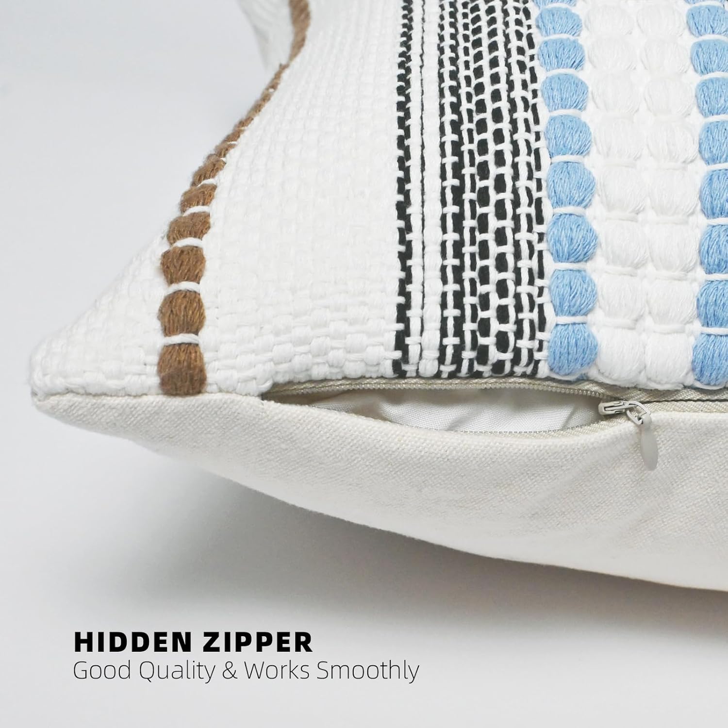 Boho Throw Pillow Covers 18x18 Set of 2, Soft Chenille Striped Decorative Cushion Covers for Couch Sofa Bedroom Living Room, Neutral Blue Brown White - Image 3