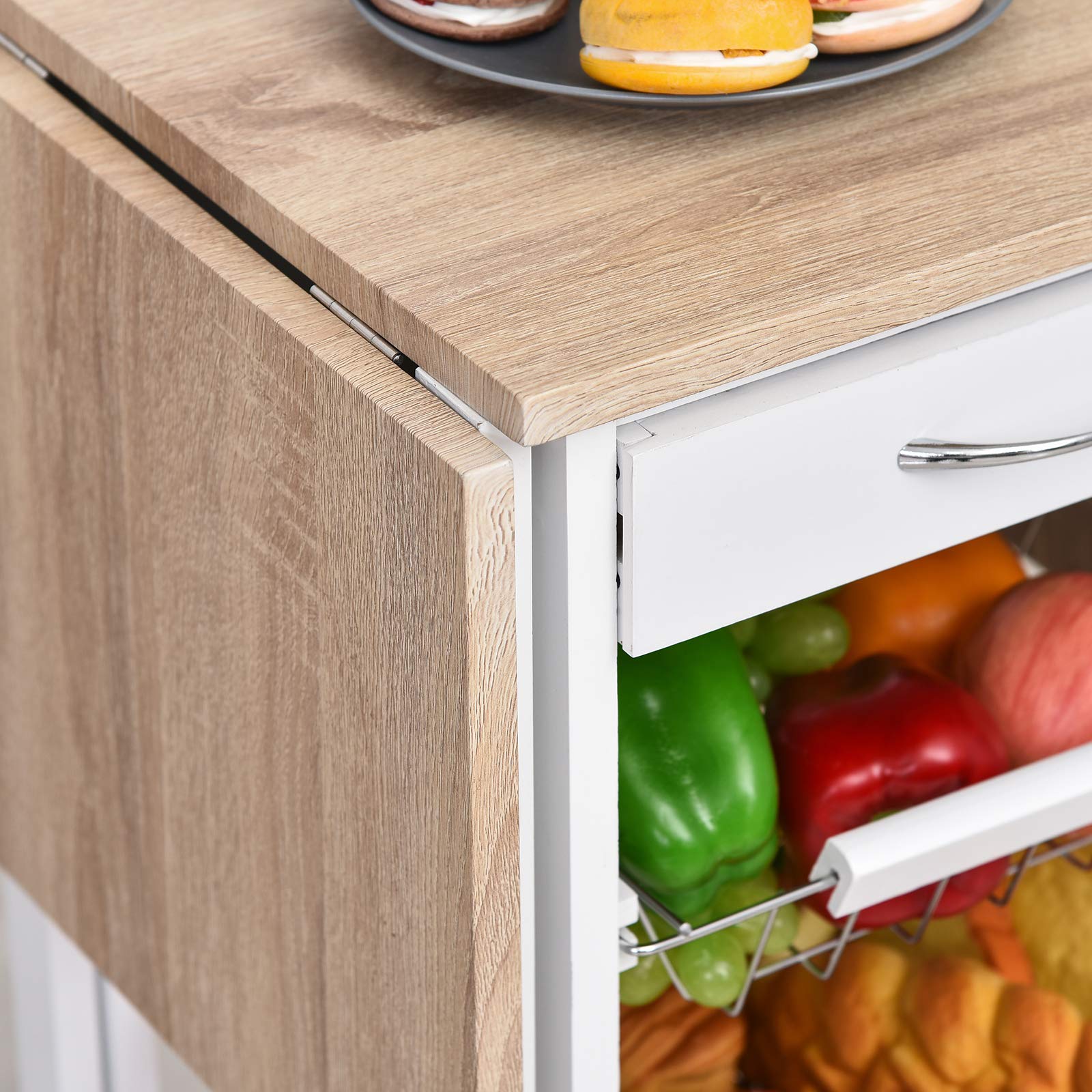 HOMCOM Chariot de Service Multi-Rangements Tiroir MDF Blanc Chêne Clair | Desserte de Cuisine à Roulettes, 3 Paniers Métal, Rallonges