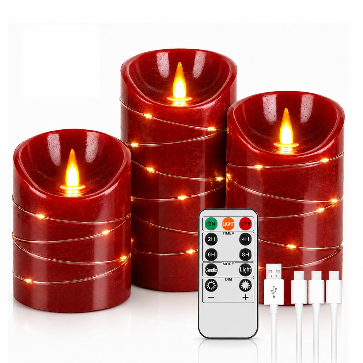 Candele LED senza fiamma, ricaricabile, senza fiamma, con filo a stella incorporato, set di 3 candele LED, con telecomando a 11 pulsanti, funzione timer 24 ore, fiamme danzanti, vera cera.