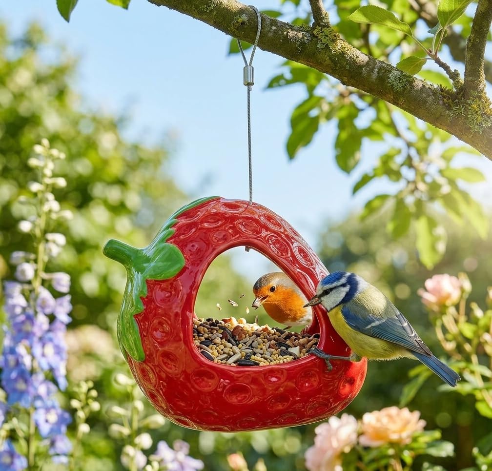 Strawberry Bird Feeder Hanging Garden Bird Feeder for Outdoor Wild Birds Decorative Fruit-Shaped Bird Feeder for Garden, Patio & Balcony Wildlife Feeding Station -N55