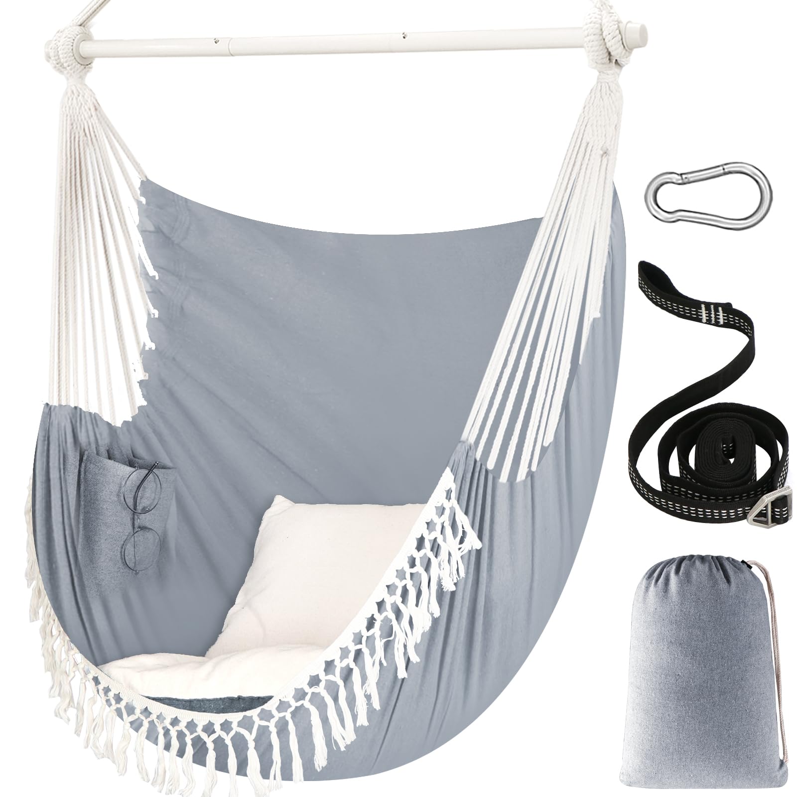 Chihee Hängesessel 150x120cm Vergrößerte Hängeschaukel Max. 227 kg 2 Kissen inklusive Metall-Spreizstange mit rutschfesten Rillen Tragbarer Hängesessel Seitentasche Bohemian Innen Außenbereich