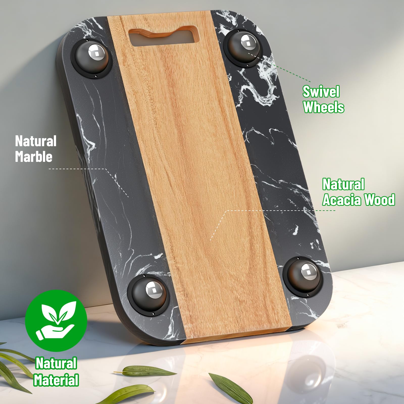 NiHome Plateau coulissant pour cafetière, mixeur, friteuse à air, grille-pain - 36 x 24 cm - Bois d'acacia et marbre - Rouleaux silencieux - Plateau de comptoir anti-rayures (noir)