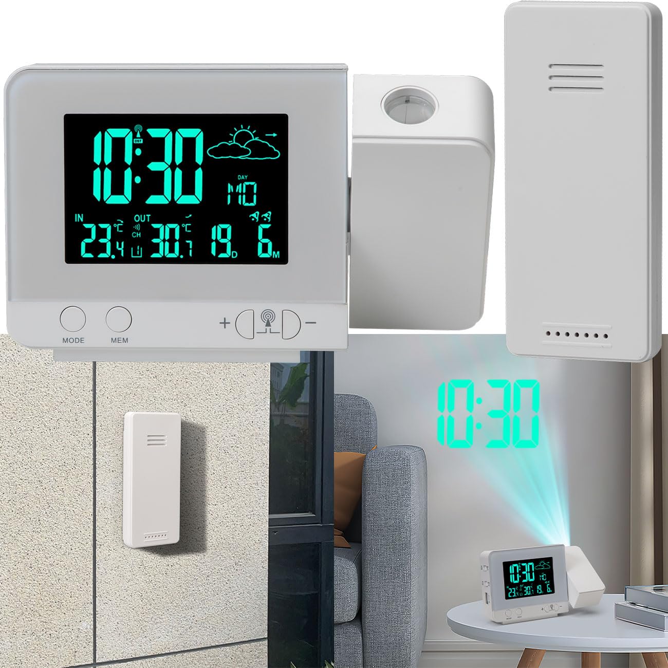 2-in-1 Projektionswecker & Funk-Wetterstation mit USB-Port – Wecker mit Aussensensor, projiziert Uhrzeit in 8 Farben an Wand & Decke