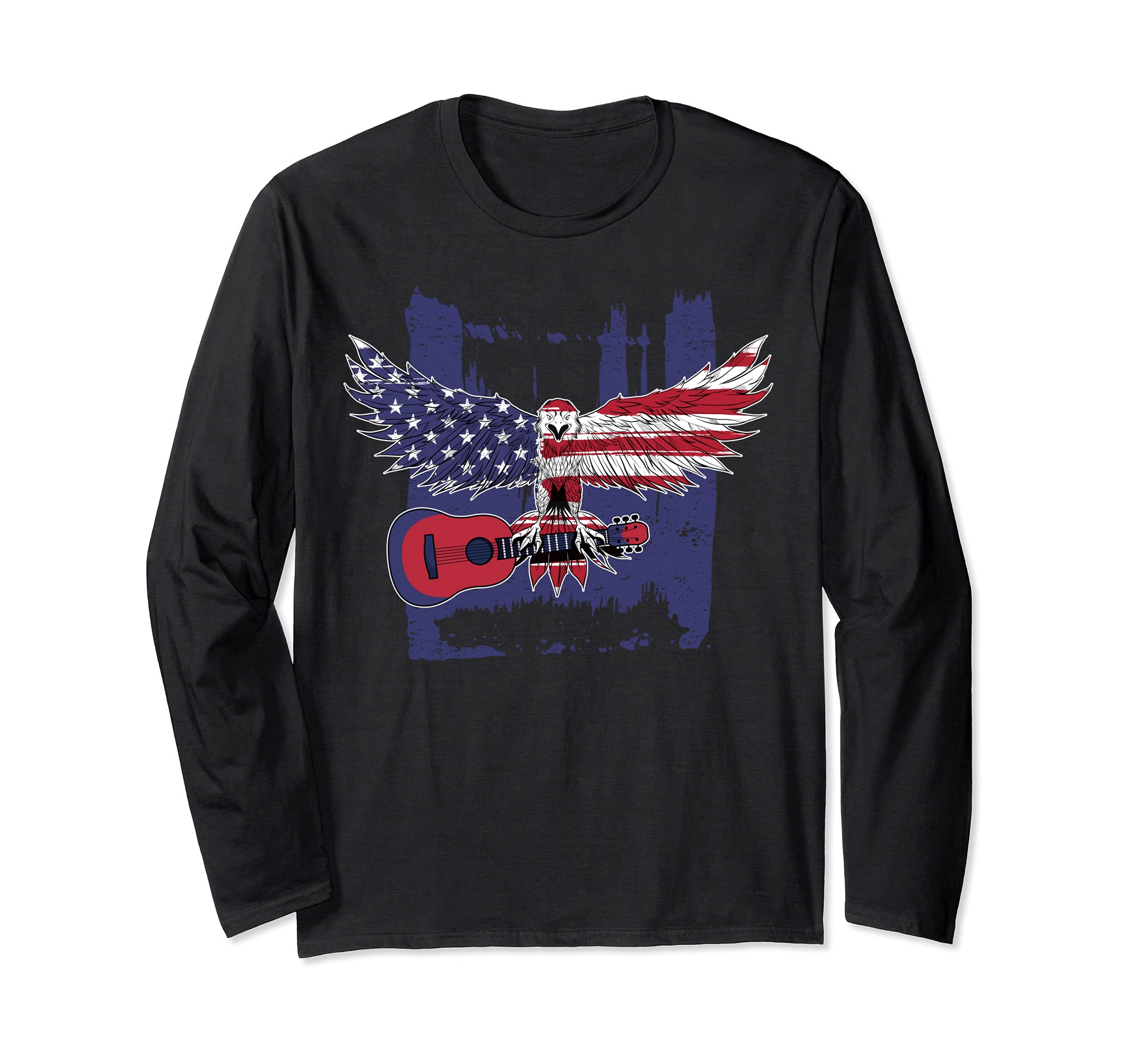 Patriotic Guitar Player USA Guitarist American Guitar Music Long Sleeve T-Shirt, Black