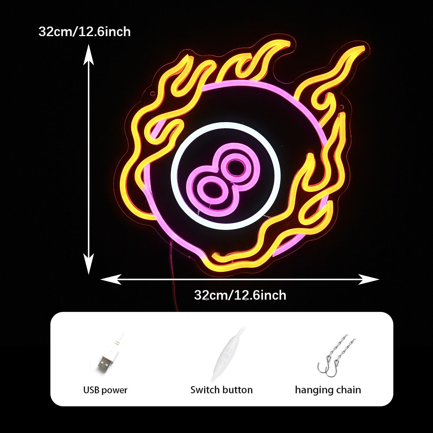 Neon Sign Colorful Number 8 Billiards Neon Light For Wall Decor Dimmable Led Light Up Sign Powered By USB For Billiards Room, Gymnasium, Man Cave, Boys Gifts (12.6'*12.6' Pink Yellow White)
