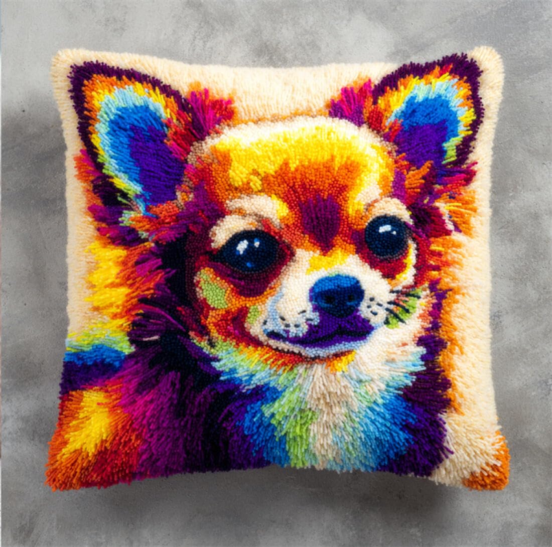 Kitquiver Animal DIY Latch Hook Kit Colorful Chihuahua DIY Latch Hook Kits Pillow Needlepoint Cushion Kit for Home Décor Needlework Set for Adult Beginners 17x17In