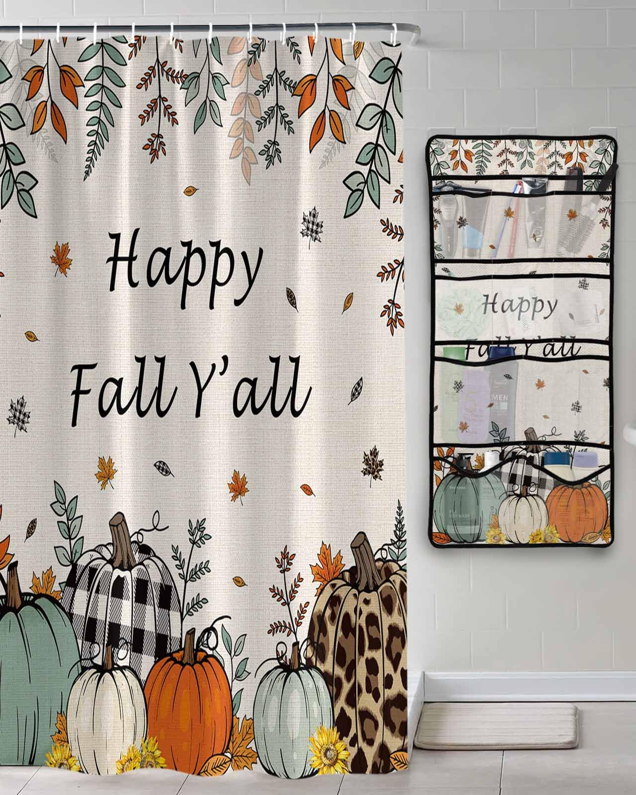 Decorative Shower Curtain Sets Fall Green Pumpkin Fabric Waterproof Shower Curtains Thanksgiving Sunflowers Maple Leaf Beige Mesh Shower