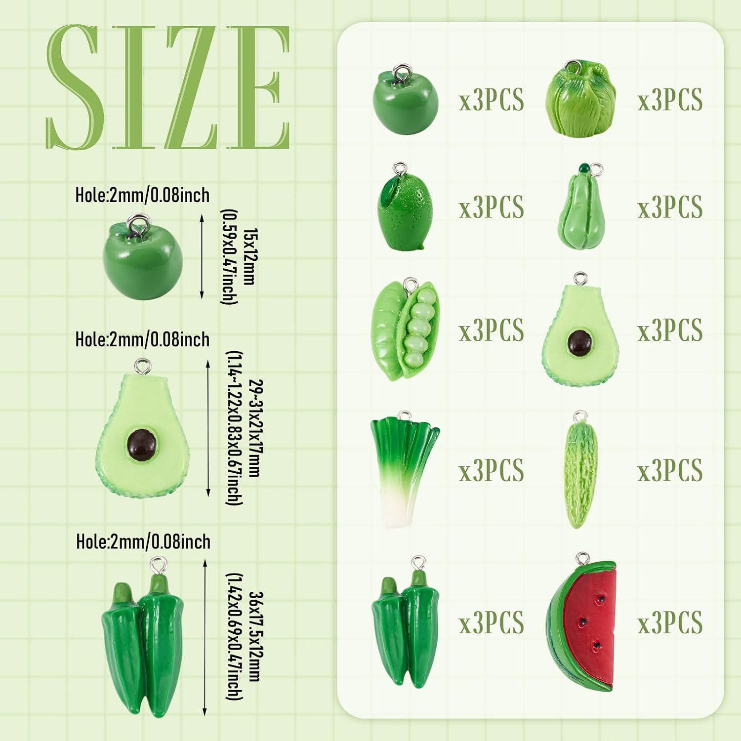 Cheriswelry 30pcs Green Vegetable Fruit Charms Pendants Cute Food Resin Dangle Earring Pendants Apple Lemon Avocado Vegetable Keychain Charms for DIY Bracelet Necklace Jewelry Making 15-39mm image 4