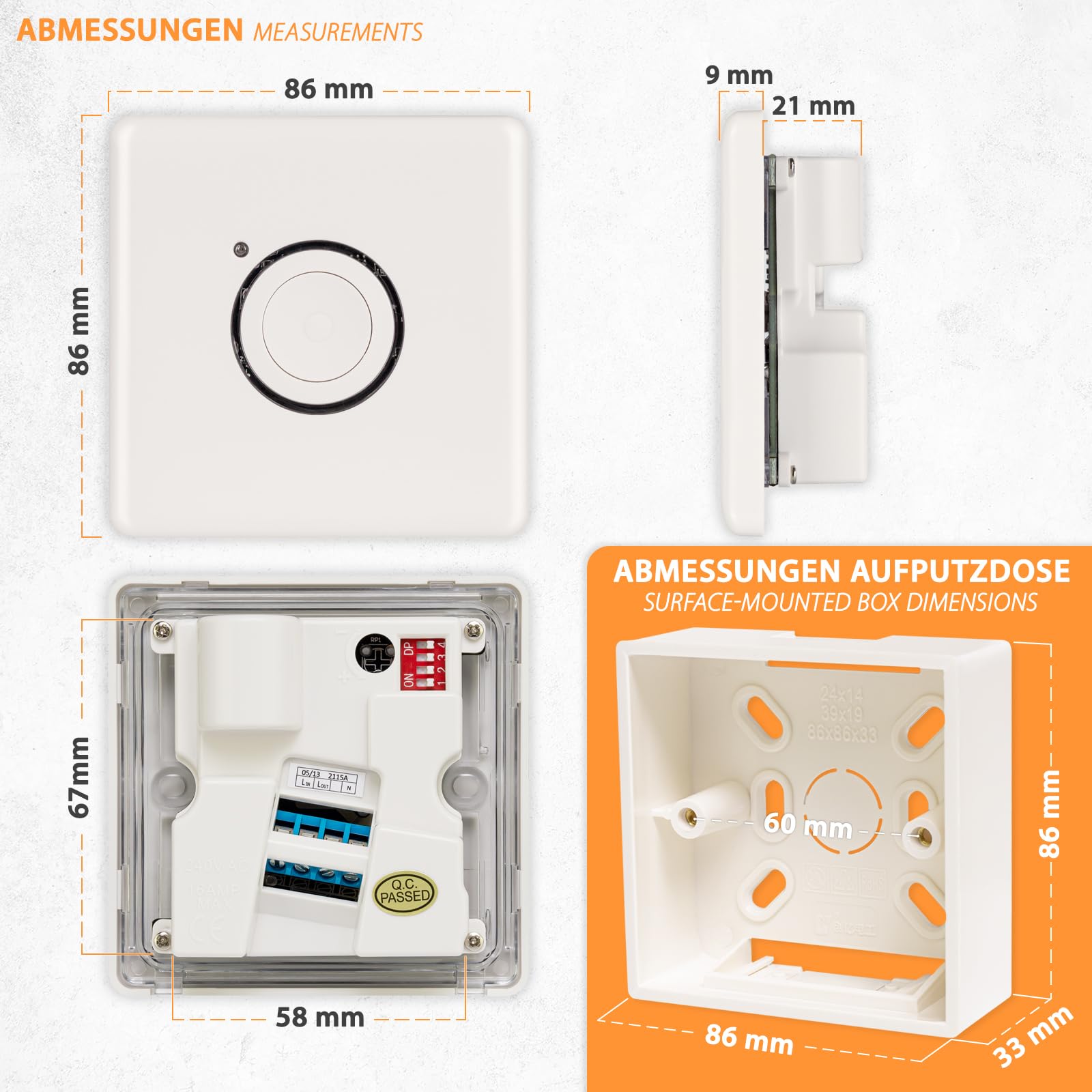 Timer conto alla rovescia da parete, timer programmabile da 2 a 120 minuti, timer di spegnimento con display LED e scatola da parete, interruttore della luce con timer
