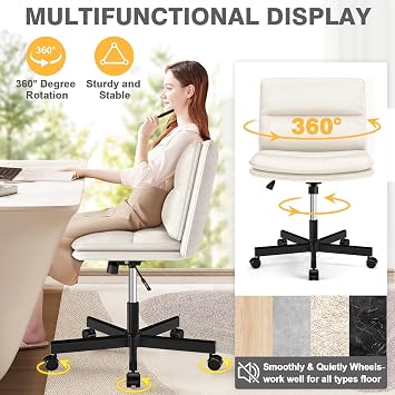 TVON Armless Office Desks Chair with Wheels and Thickened Cushion