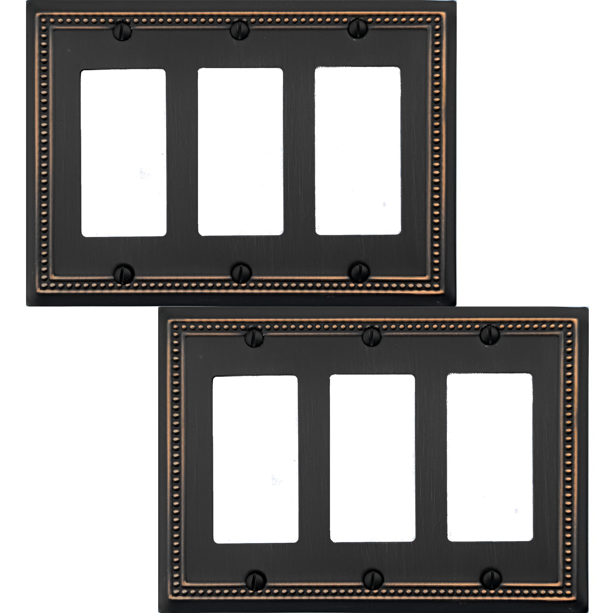 OKAWYC Triple Decorator Light Switch Cover Belaire Beaded Metal Wall Plate, 2-Pack Aged Bronze 3 Gang Triple Rocker Oil Rubbed Bronze Receptacle