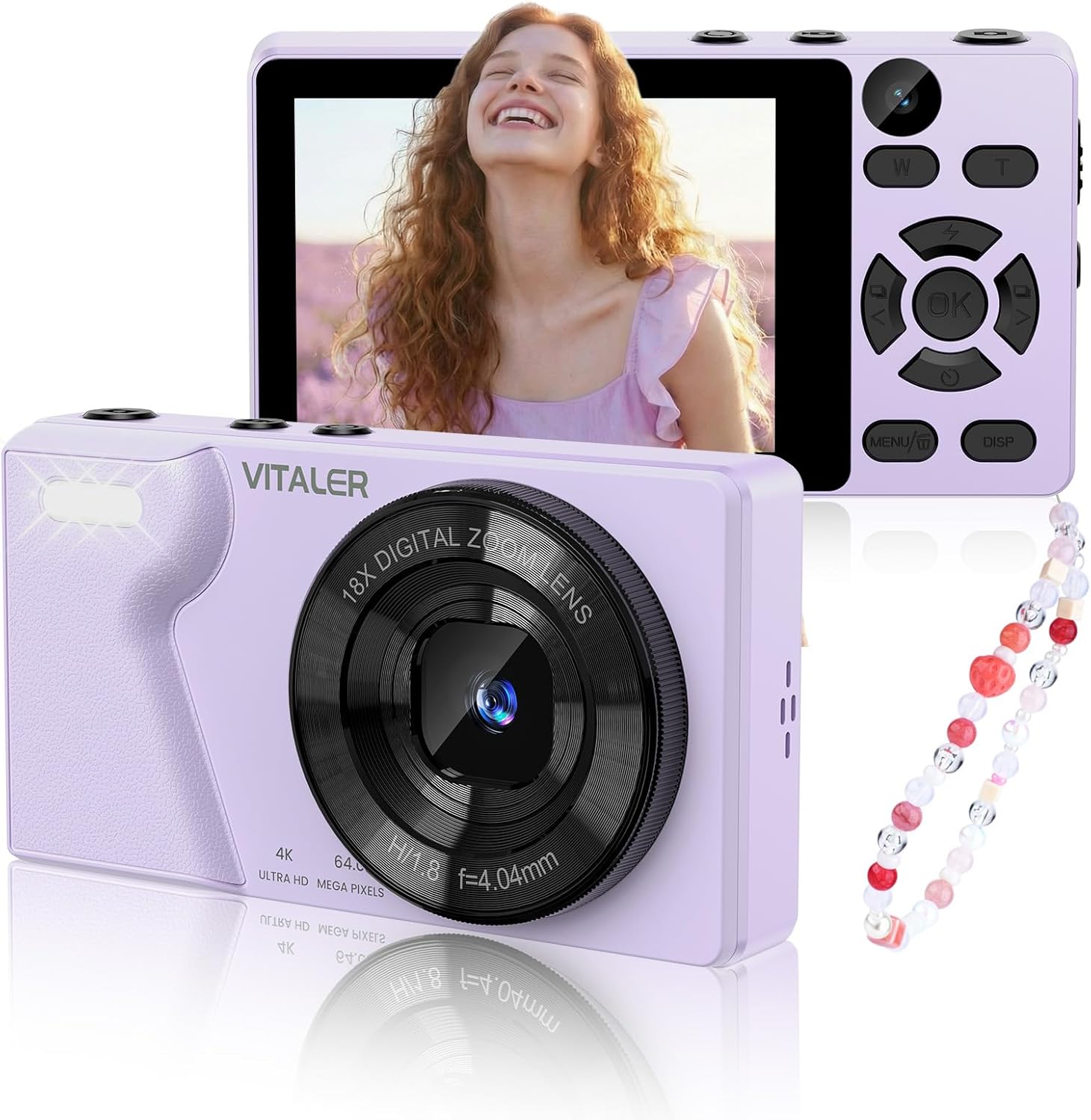 Fotocamera digitale 4K da 64 MP con doppio obiettivo, batteria da 2000 mAh, guscio in lega di zinco, schermo LCD da 2,8 pollici, zoom digitale 18 x per principianti (lilla, senza scheda SD)