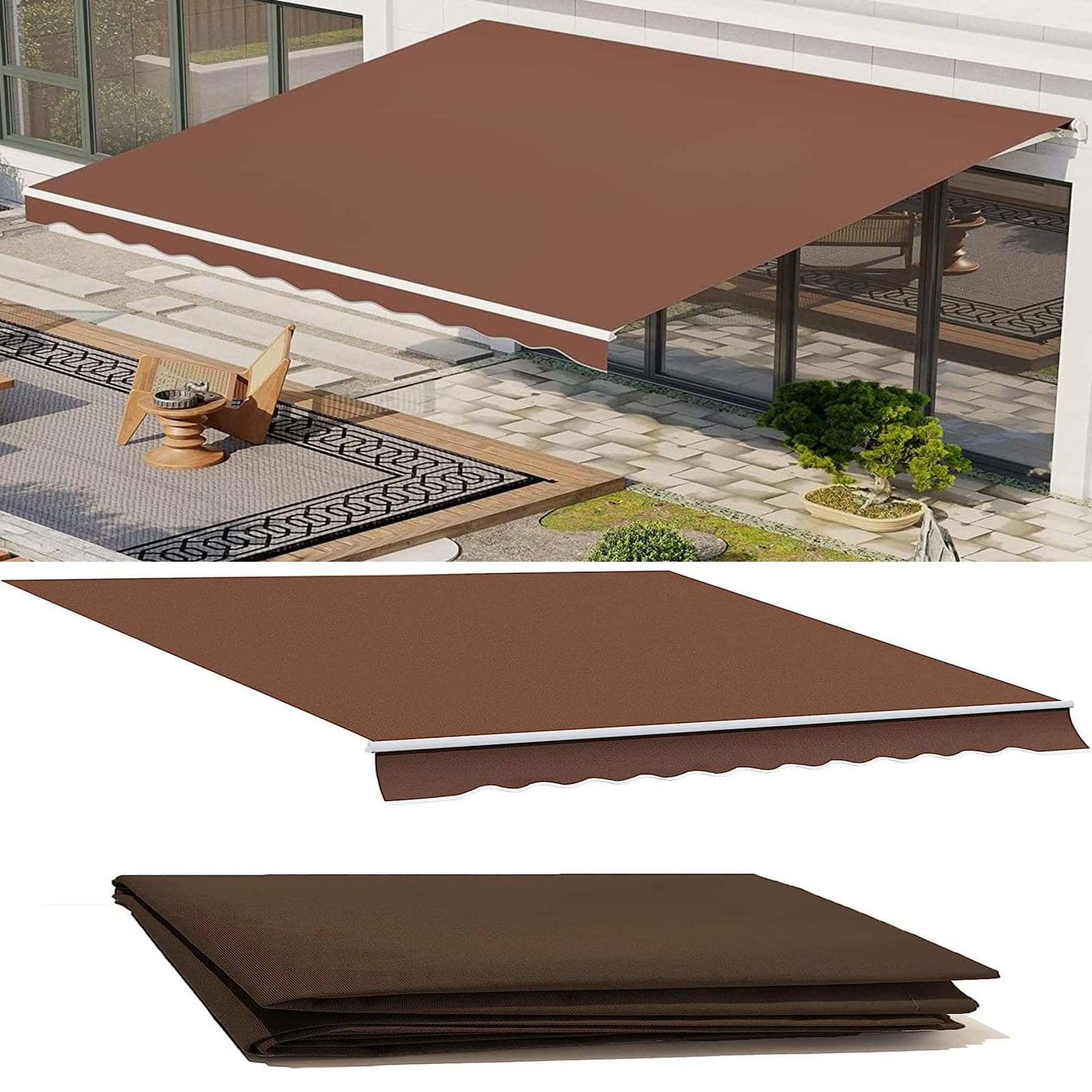 MESCXTY Retractable Patio Awning Shade Fabric Replacements，Outdoor Waterproof Sun Top Cover，Sails Canopy for Deckrestaurant Shops Rv 280g Polyester(Size:12x8ft,Color:Brown)