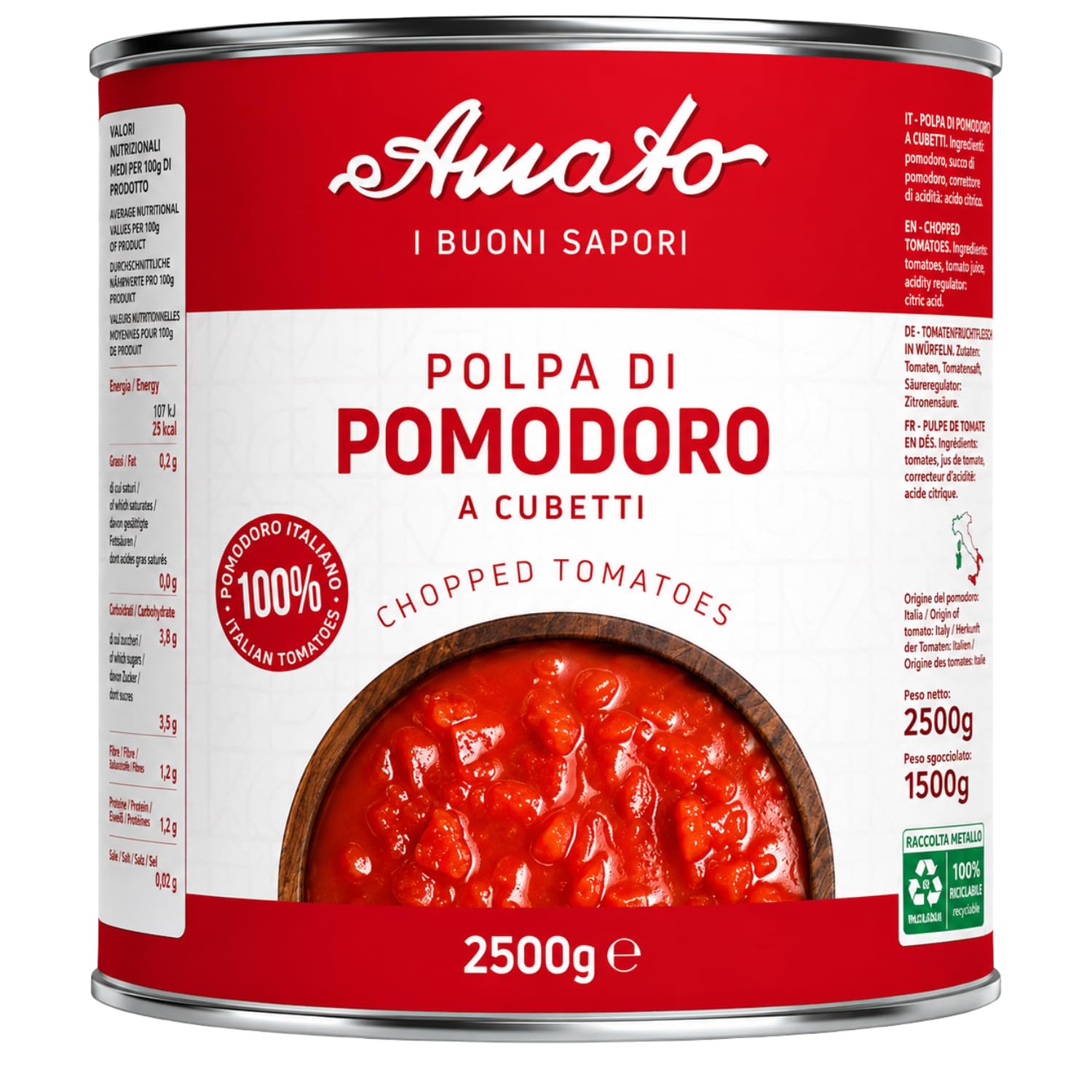 Amato Polpa di Pomodoro a Cubetti 2,5 kg, Pomodori Italiani a Cubetti, Ideale per Pizza, Pasta e Sughi, Latta, Confezione Multipla da 4/8/12 Pezzi (12 PEZZI)
