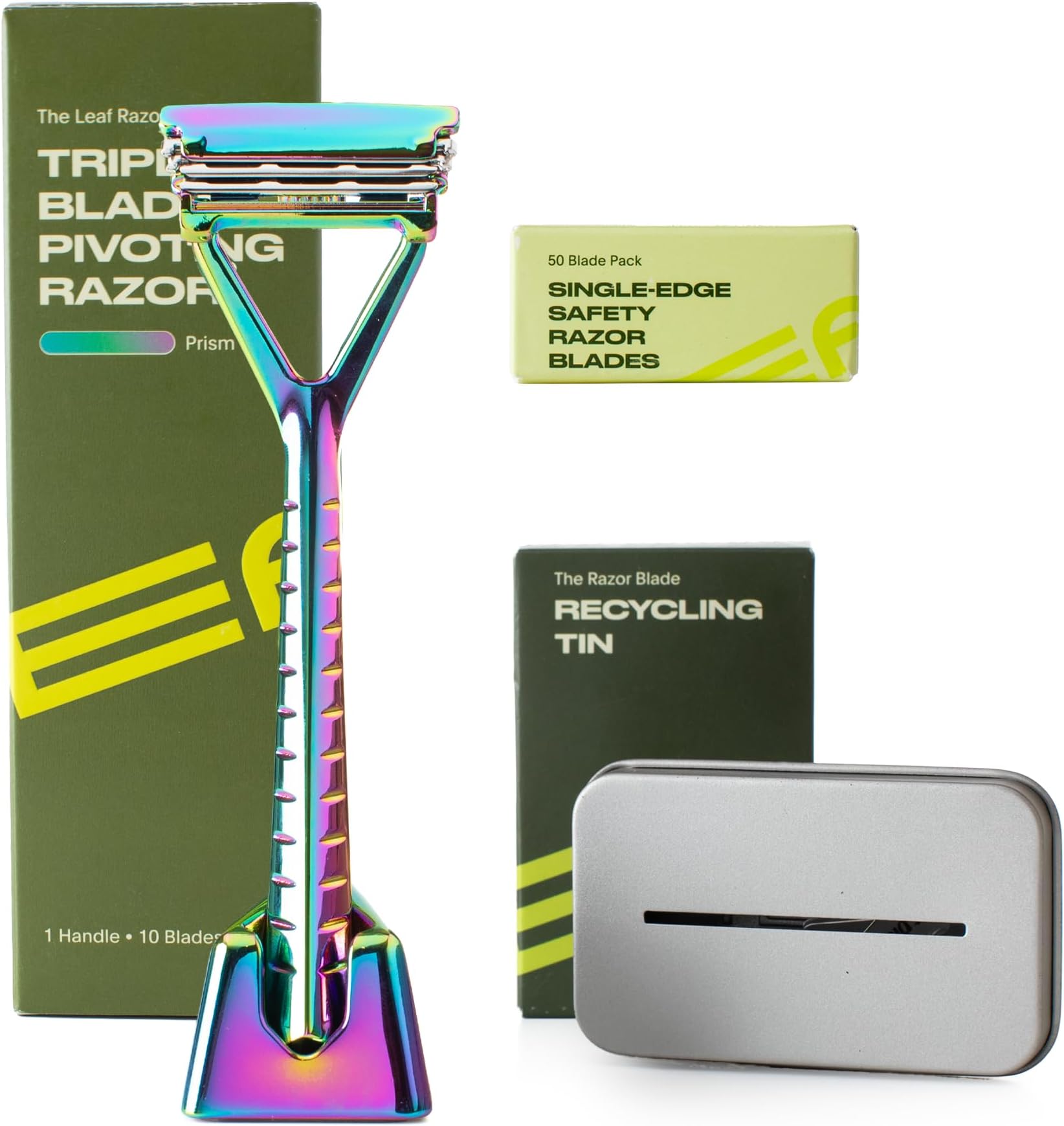 Leaf Shave | Leaf Razor Set, All-Metal Safety Razor with Pivoting Head & Adjustable Blade Loading, Includes Matching Stand, 50 Single-Edge Refills, and Recycling Bank for Used Blades - Prism