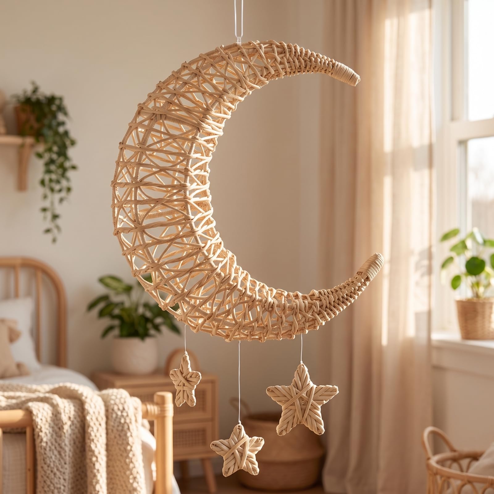 Gralara Mezza di Rattan con Stelle Beige Giostrina da Culla in Rattan Decorativa Decorazione a Mezza per Bambini