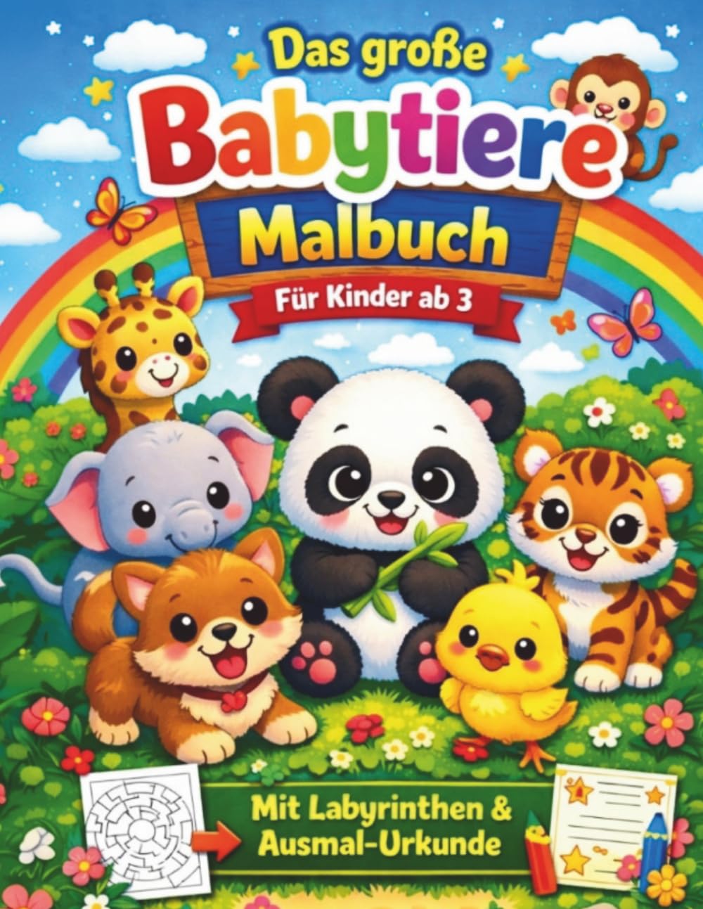 Das große Babytiere Malbuch für Kinder ab 3: 45 süße Tierbabys zum Ausmalen – Welpen, Kätzchen, Panda, Löwe, Elefant & viele mehr | Malspaß für Jungen ... Ausmal-Urkunde (Großer Malspaß für Kinder)