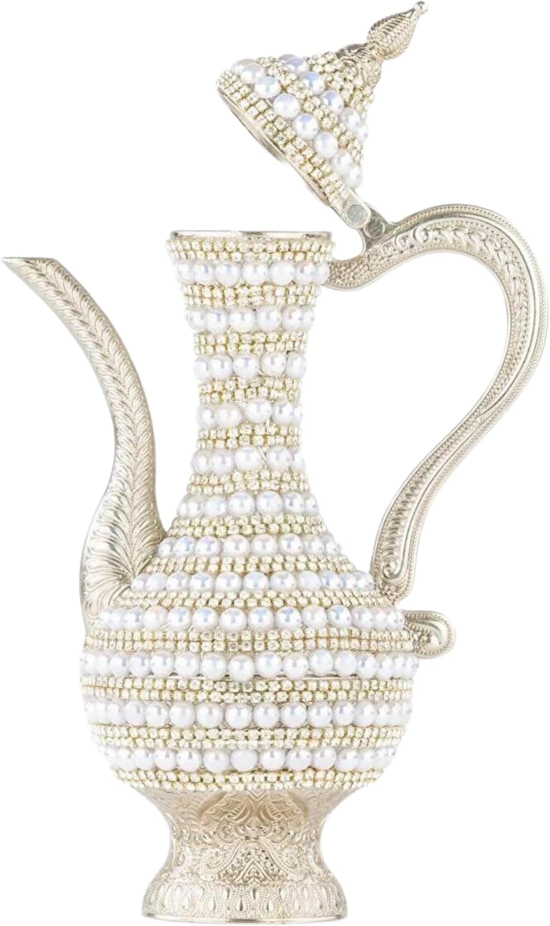 Steel Water Bottle Pitcher with Zirconia Stones | Handmade Metal Carafe Water Tea Coffee Jug Vintage Bottle | Turkish Ottoman Zamzam Pitchers (470 ML / 16 Oz, Pearl and Zirconia, Silver Color)