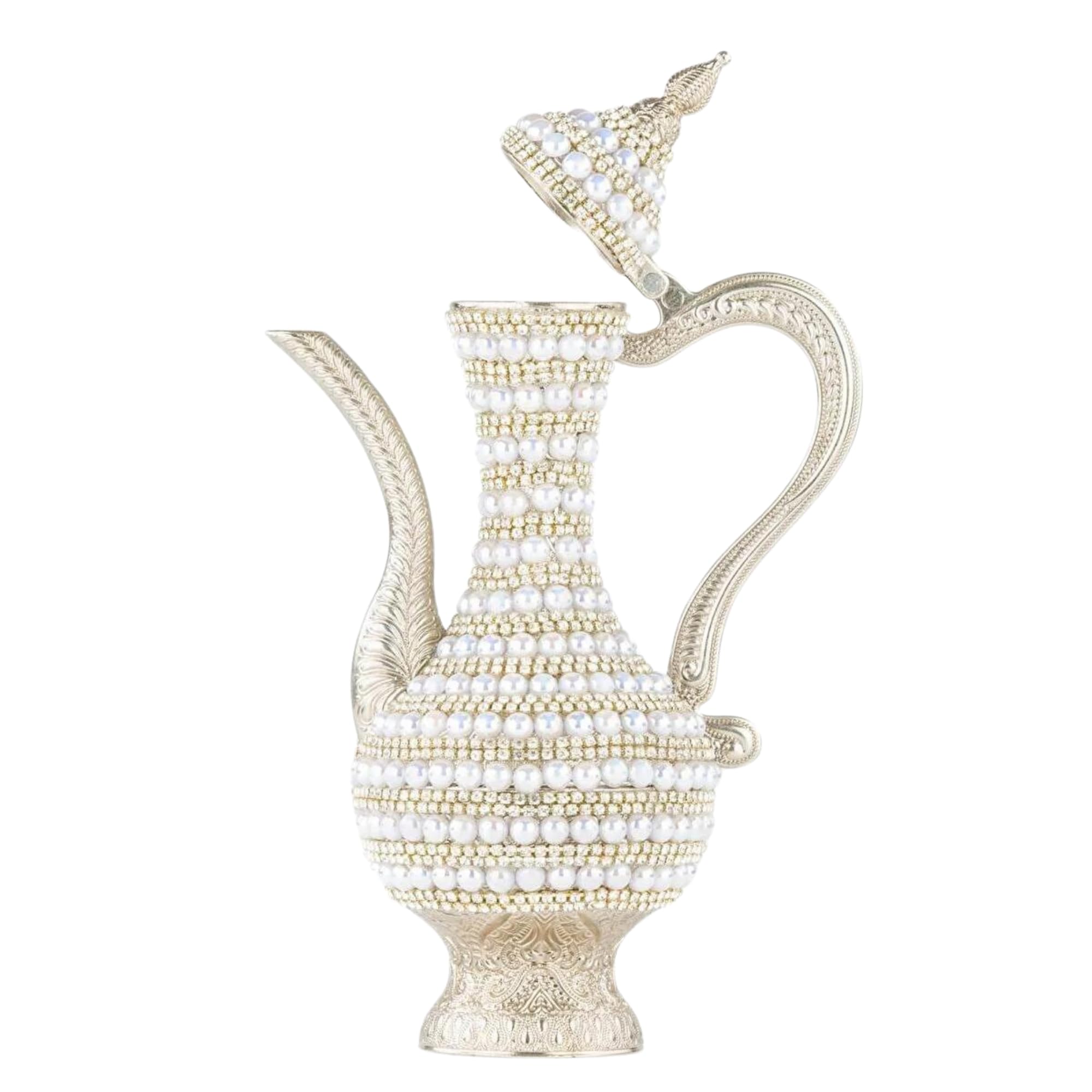 Steel Water Bottle Pitcher with Zirconia Stones | Handmade Metal Carafe Water Tea Coffee Jug Vintage Bottle | Turkish Ottoman Zamzam Pitchers (470 ML / 16 Oz, Pearl and Zirconia, Silver Color)