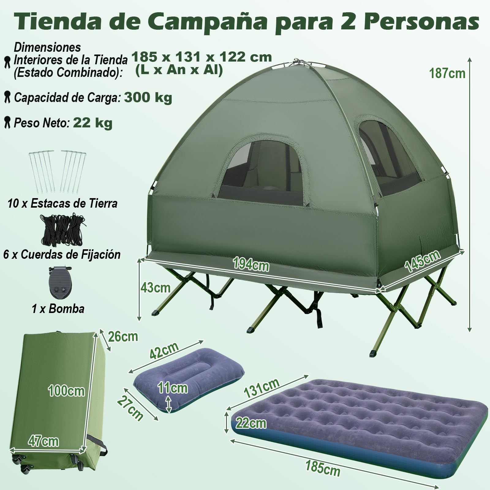 COSTWAY Tienda de Campaña para 2 Personas, Tienda de Camping con Cama Elevada, Colchón, Almohadas de Aire, Saco de Dormir, Bolsa de Transporte para Picnic Pesca, 194 x 145 x 187 cm