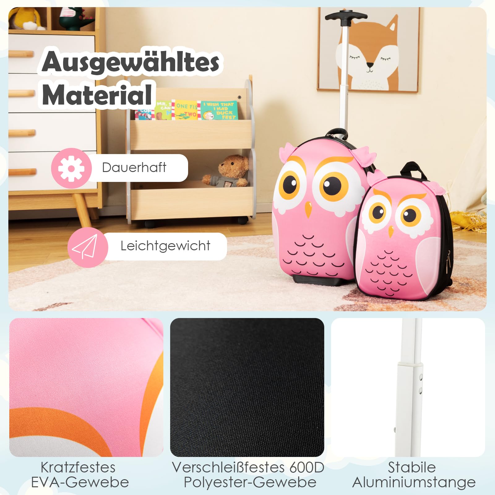 GOPLUS 2 TLG. Kinderkoffer mit Rucksack Kinder Reisekoffer Set Kinder Trolley Kinder Gepäck (Eule)