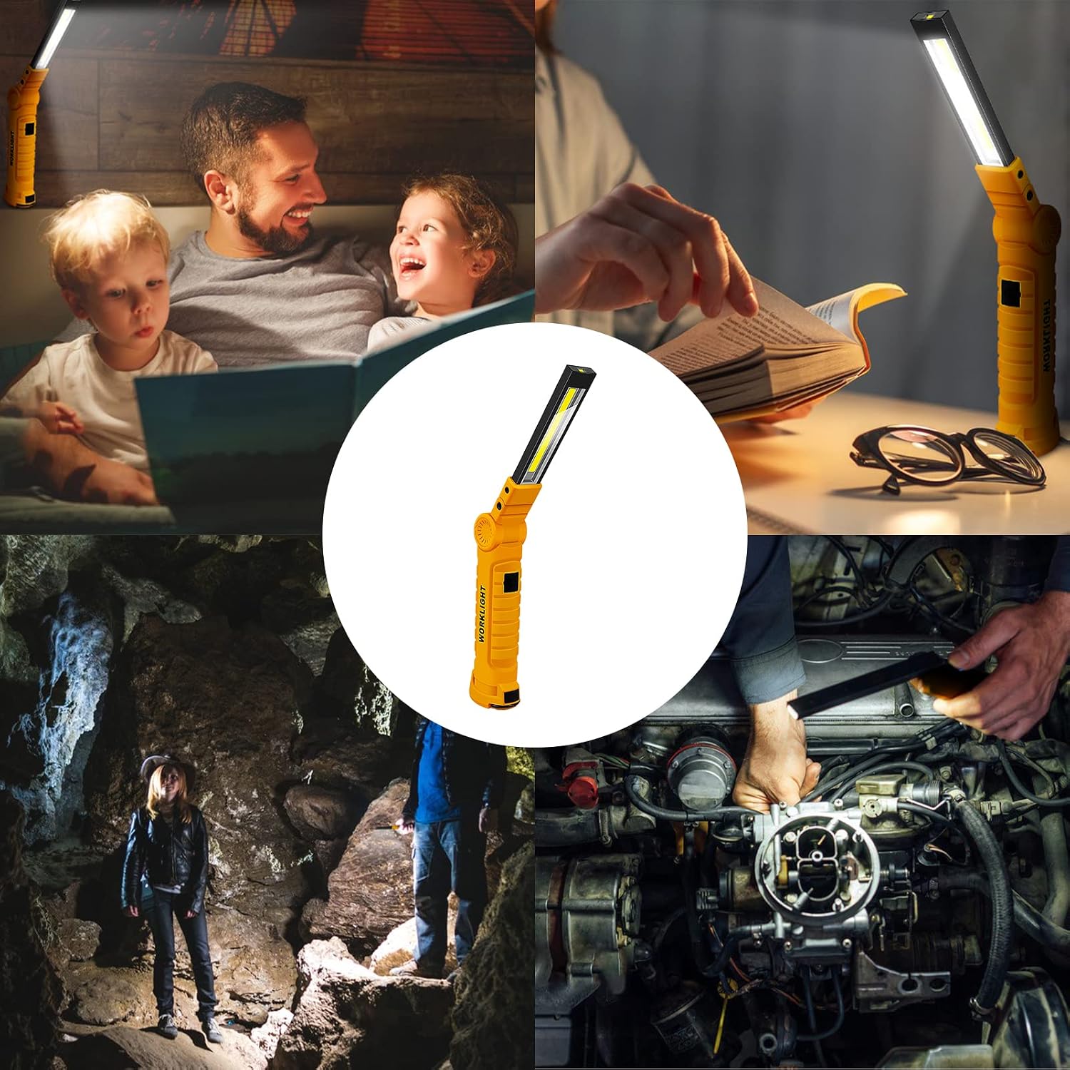 2Pack LED Work Light, USB Rechargeable COB Light with Magnetic Base 360°Rotate and 5 Modes, Folding Flashlight Inspection Light for Car Repairing, Workshop, Household and Emergency Use, Large