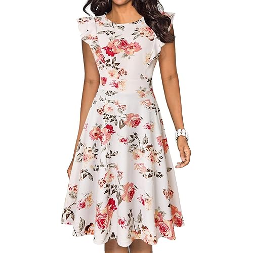 IHOT Women's Vintage Ruffle Floral Flared A Line Swing Casual Cocktail Party Dresses with Pockets