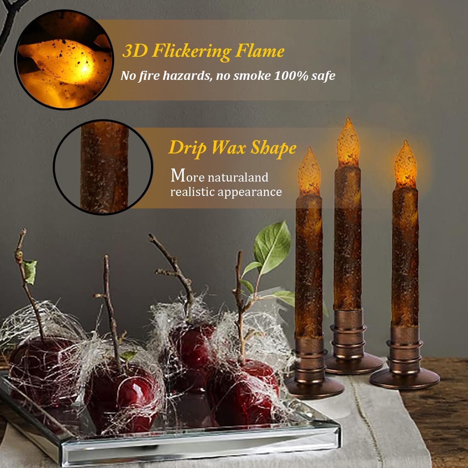12 Pcs Real Wax Taper Primitive Flameless Candles with Timer, Auto-On 6 Hours and Off 18 Hours Everyday, Hand Dipped Rustic LED Candles for Christmas Country Home Primitive Decor