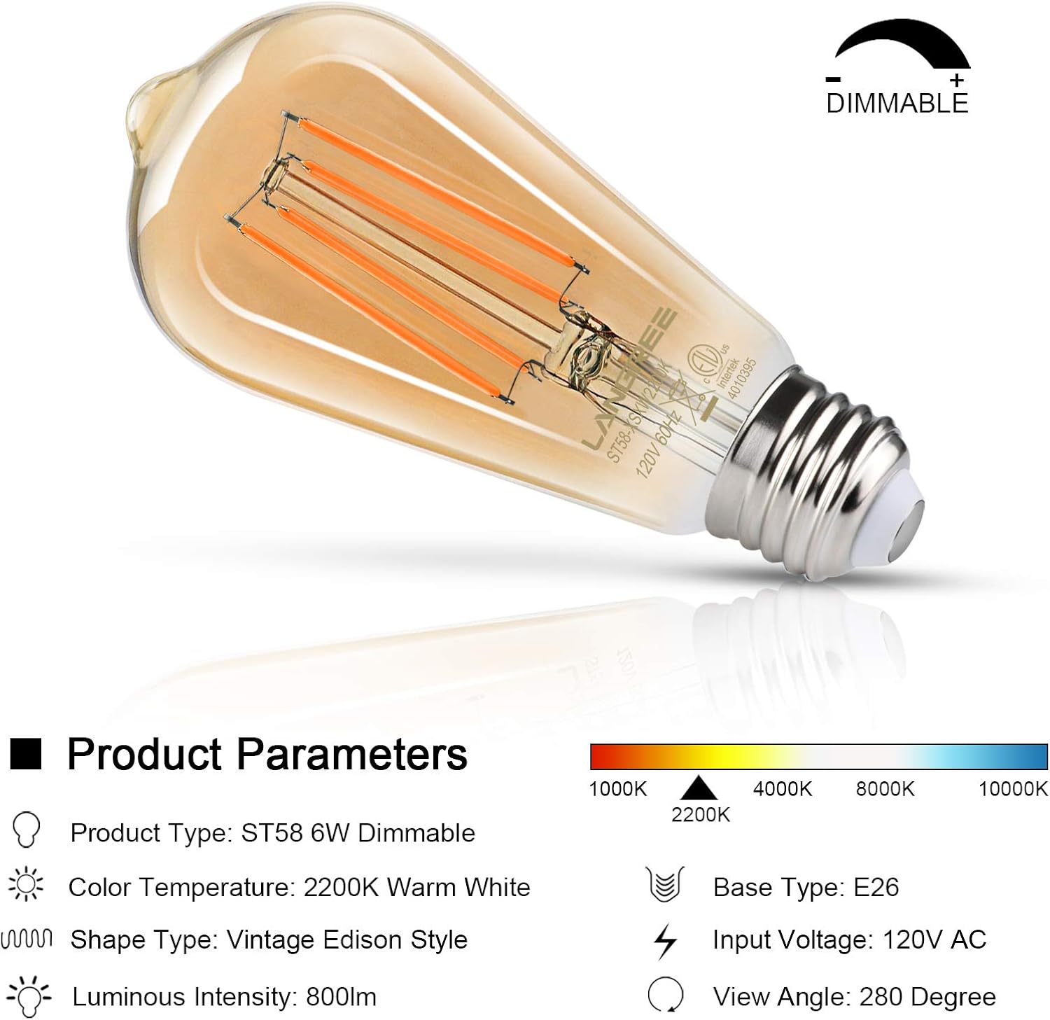LED Edison Bulb 6W Vintage Light Bulb, 60W Equivalent 700 Lumen 2200k Amber Warm Glow, Dimmable Filament Bulbs E26 Medium Base, Decorative Clear Glass for Bathroom Kitchen Dining Room, Pack of 4