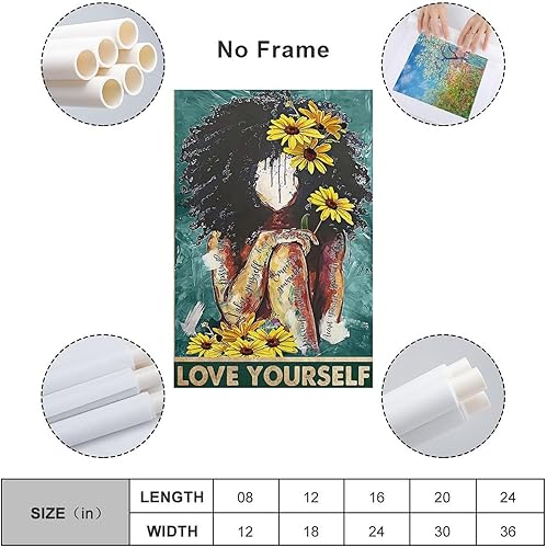 Miniatura 2 de DAXXIN Póster de Love Yourself Value Your Self Black Girl with Girasol, arte de chica afro, mujeres negras, S lienzo para decoración de pared, para