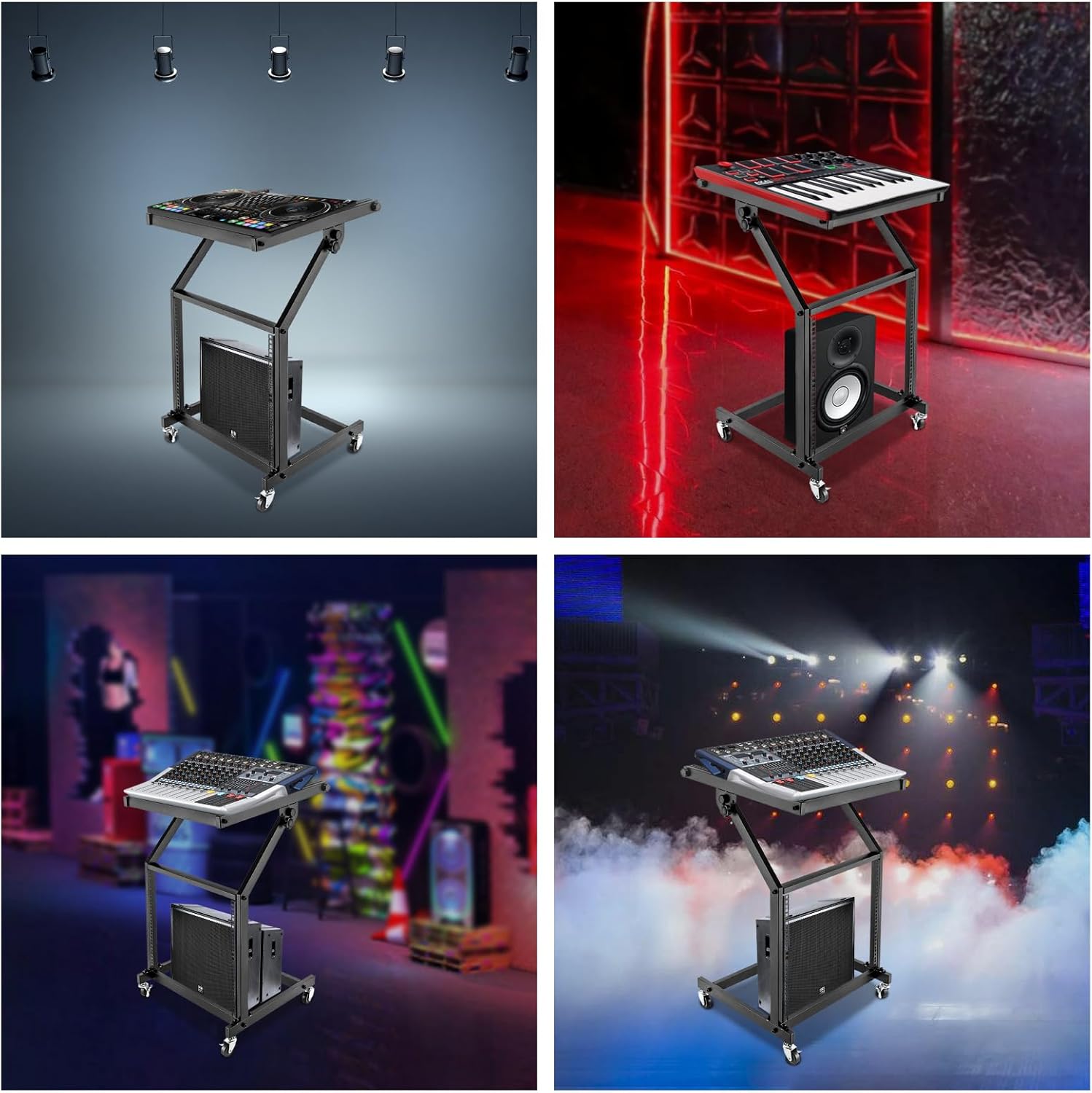 9U DJ Mixer Stand, Adjustable Angle 2-Layer Storage Iron Frame, 4 Wheels (2 with Brakes) Universal Rack for Audio Equipment, Studio, Stage, Club, Public Events, Easy Assembly and Cleaning, Black