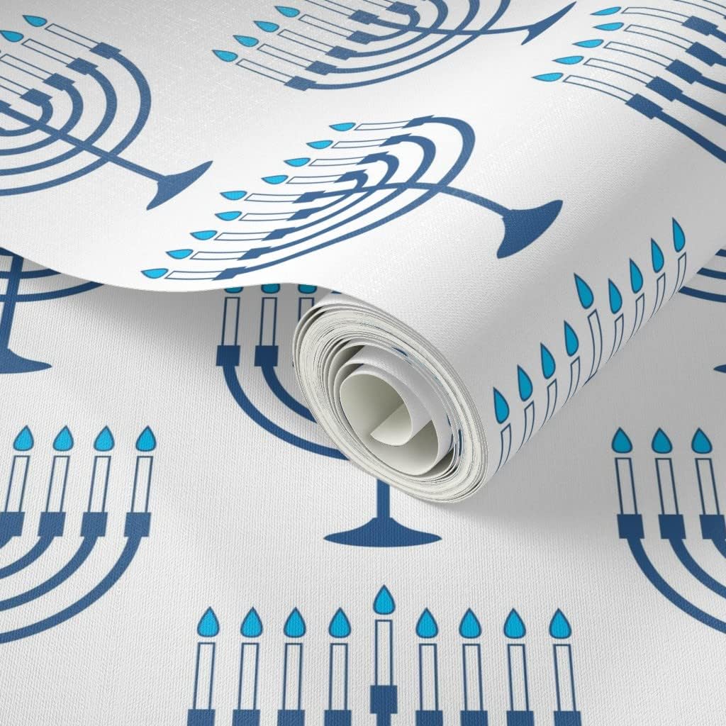 Peel & Stick Wallpaper 6ft x 2ft - Menorah White Holiday Hanukkah Worship Candelabrum Custom Removable Wallpaper by Spoonflower