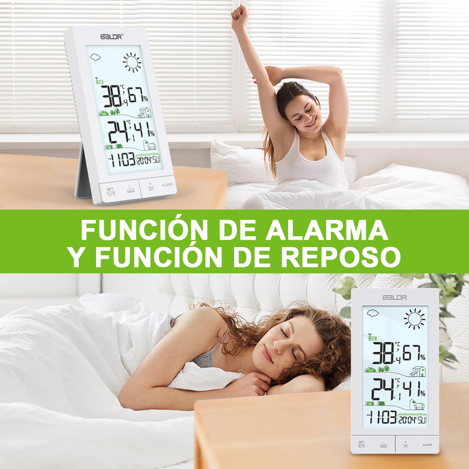 Estación Meteorológica Inalámbrica Con Sensor, Termómetro Interior Y Exterior Higrómetro Pantalla LCD De 6,0" Previsión Del Tiempo Día Semana Reloj Despertador Función Retroiluminación (White)