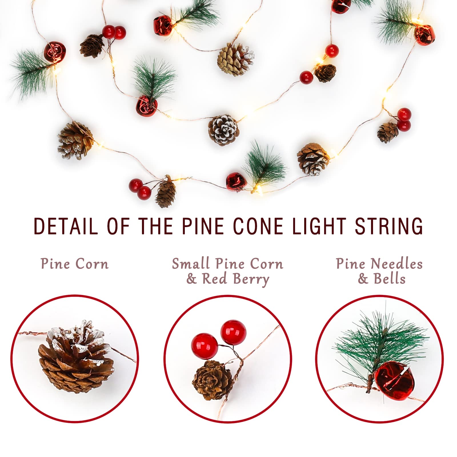 Ghirlanda natalizia con luci a corda, 30 LED, 30 LED, a forma di pigna, campanelle con bacche rosse, decorazioni natalizie per interni per casa e camino, decorazione per albero di Natale