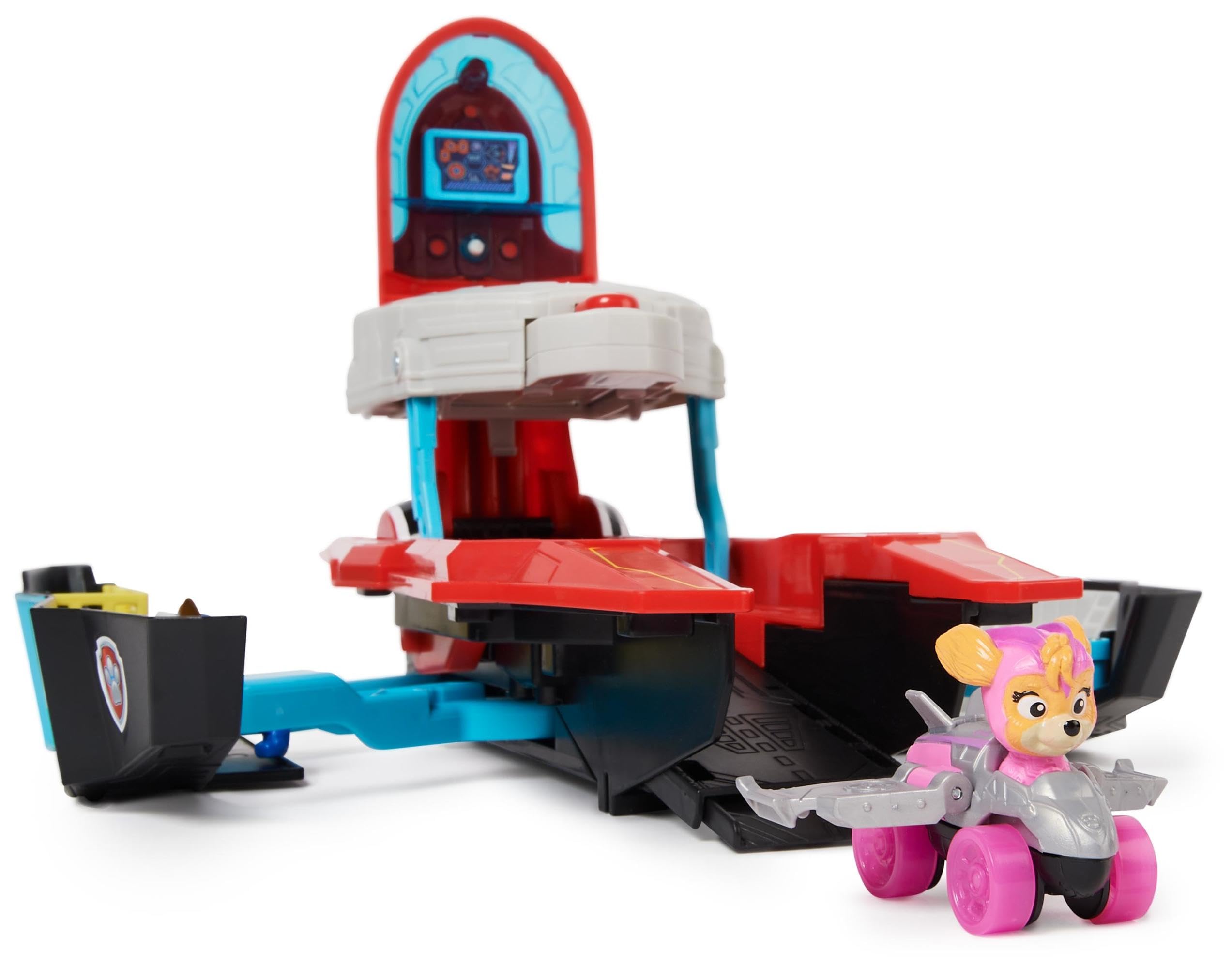 Paw Patrol: Il Super Film, Giocattolo Pup Squad Aircraft Carrier HQ Trasformabile con Personaggio Chase e Pup Squad Racer di Skye, Giocattoli per Bambini e Bambine, 3+ Anni