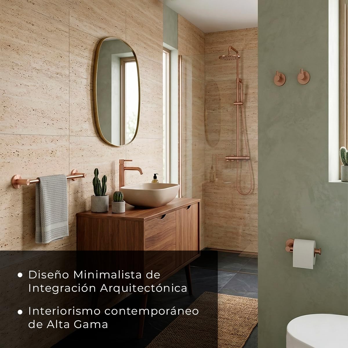Set de 4 Accesorios de Baño Acero Inoxidable Piezas Premium - Toallero 40 Cm, Portarrollos y 2 Perchas - Color Oro Rosa Cepillado con Acabado PVD y Doble Fijación - The Bath Point