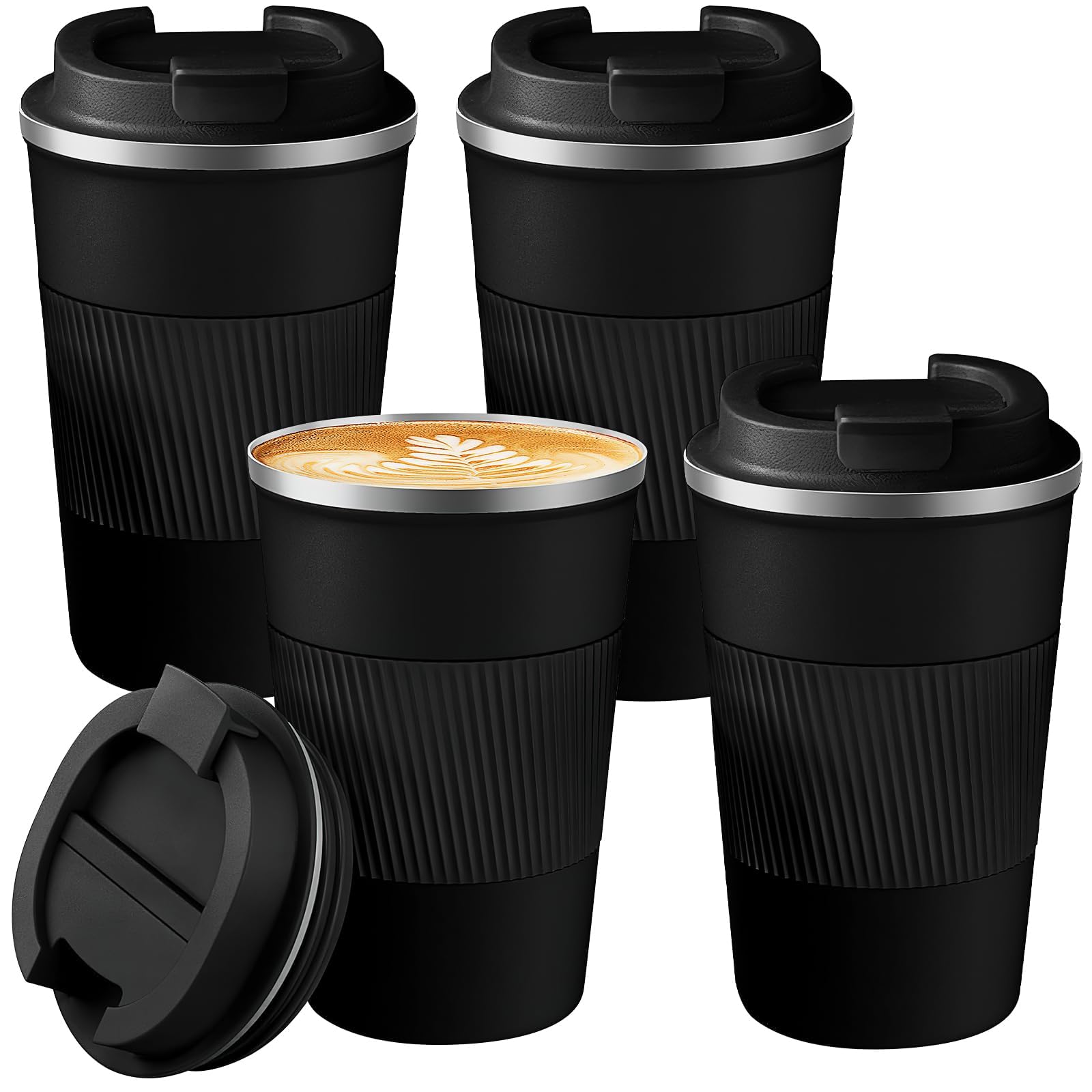 ASMIZ 4 Pack Travel Coffee Cups, 380ml Reusable Stainless Steel Travel Mugs Bulk, Thermal Insulated Vacuum Double Wall Coffee Tumbler for Hot Coffee Tea and Cold Drinks