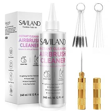 SAVILAND Airbrush Cleaner Kit 10S Instant 240ml Airbrush Cleaning Kit Low Odor Acetone Free with Cleaning Brush & Needle Nozzle Reamer Full Tool Set for Clog Removal Nail Art Airbrush Pro