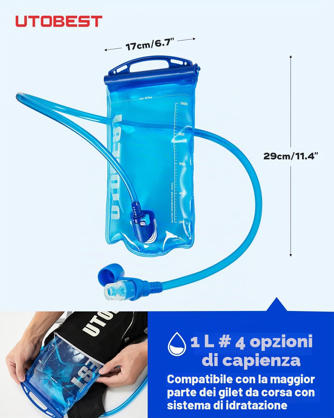 UTOBEST Sacca Idrica, 1L 1,5L 2L 3L, Sacca Idrica a Prova di Perdite, Serbatoio Acqua Senza BPA, per Corsa, Ciclismo, Campeggio