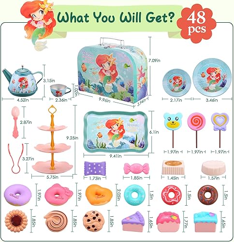 Miniatura 2 de TESSGO Juego de 48 piezas de fiesta de té de sirena para niñas pequeñas, juguetes de cocina de princesa con postres, galletas, dona, bandeja de