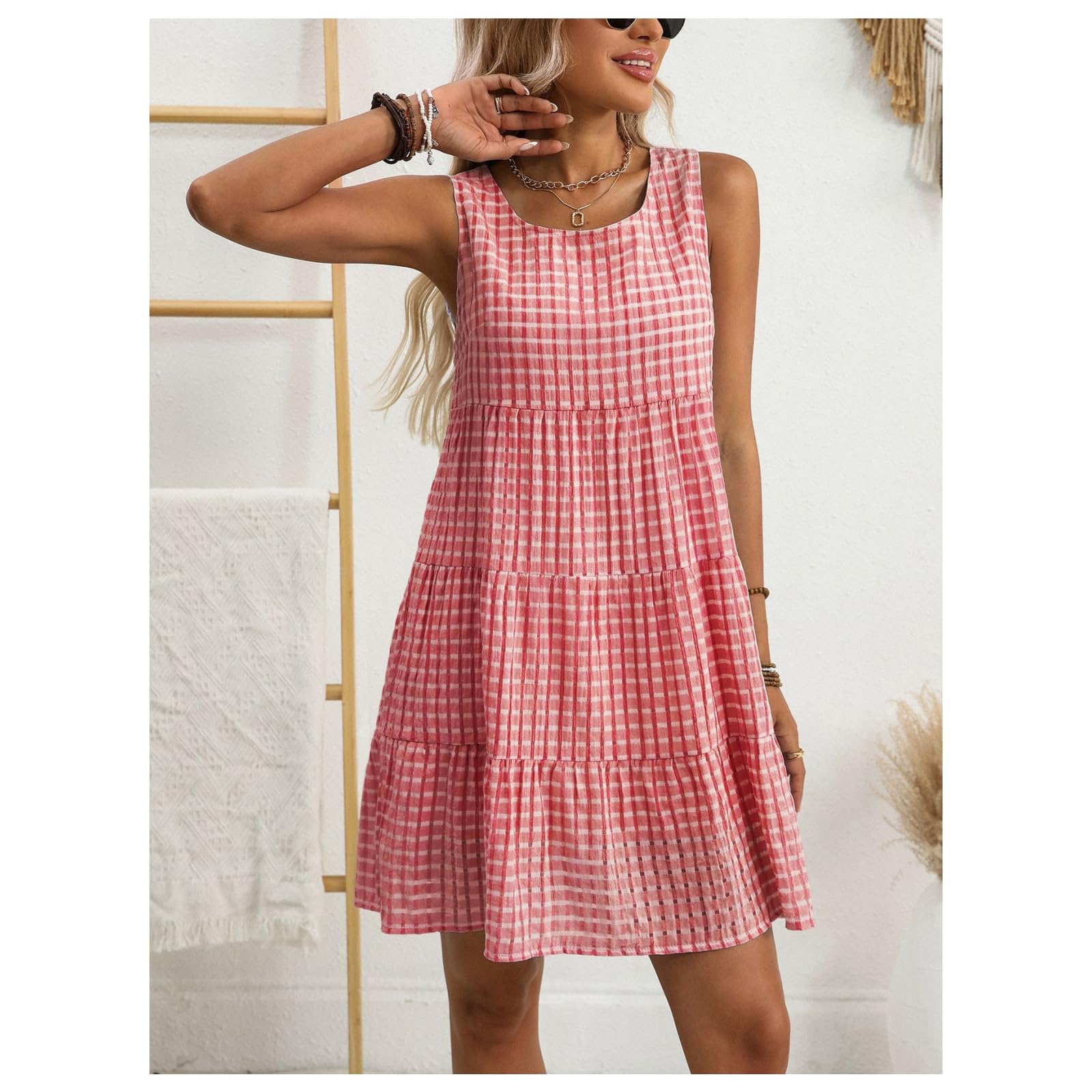 Vestito Abito Estivo Scozzese Senza Maniche Ampio, Casual E Fluido da Donna-Bianco-XXL