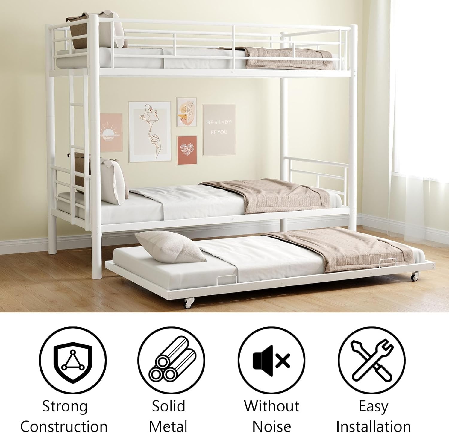 Twin Over Full Bunk Bed, 3 in 1 Triple Bunk Beds, Sturdy Steel Triple Bunk Beds Frame with Guardrails and Strong Ladders, Metal Bunk Bed for Kids/Teens/Adults (White, Twin Over Twin)
