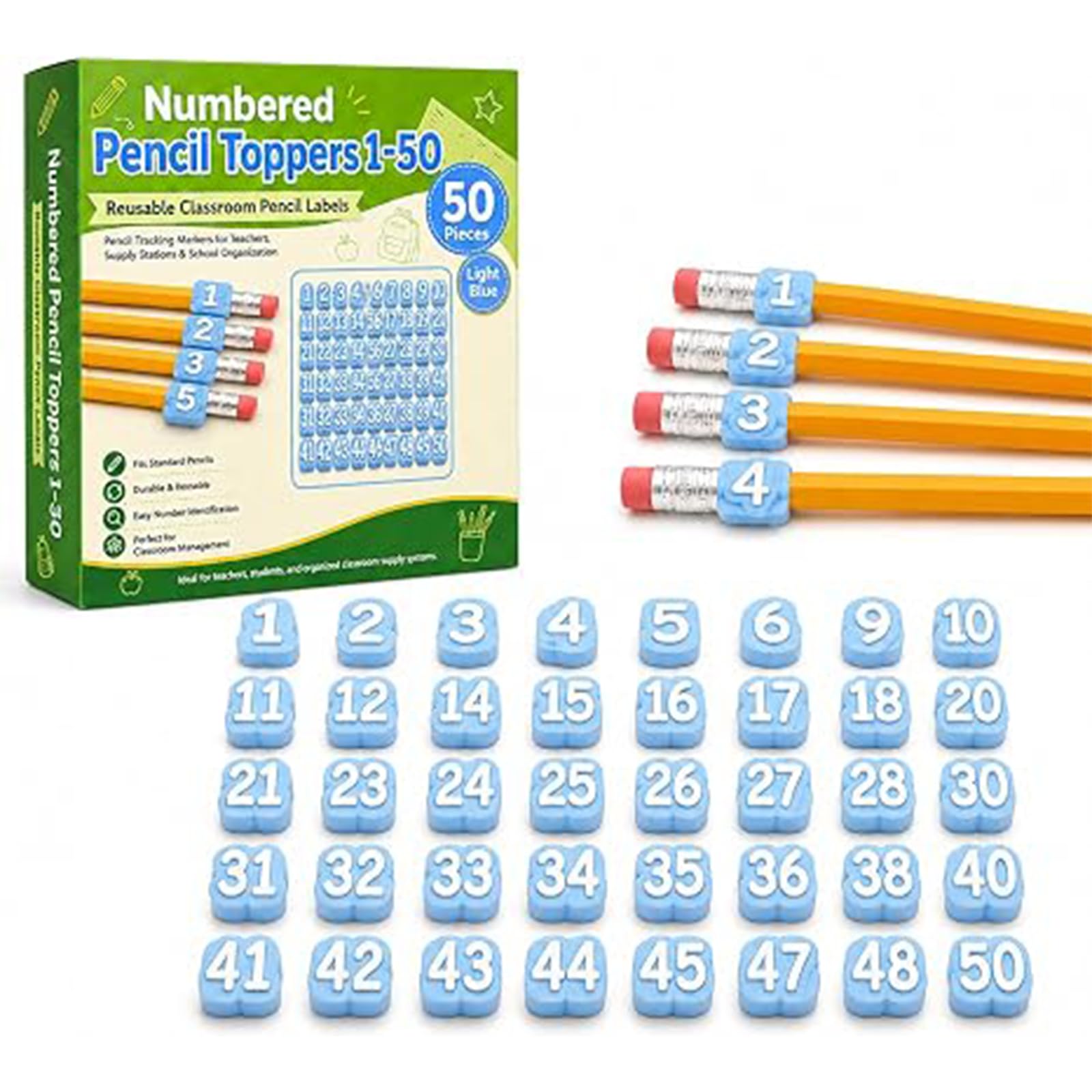 20/30/50 Pcs Numbered Pencil Toppers, Reusable Classroom Pencil Labels for Supply Tracking Station & Organization, Classroom Management Must Haves for Teachers (Light Blue, Number 1-50)